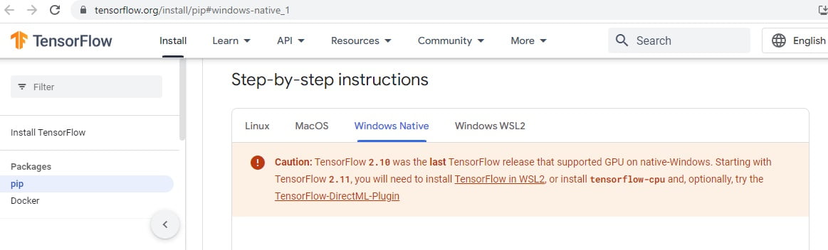 Install tensorflow store on windows