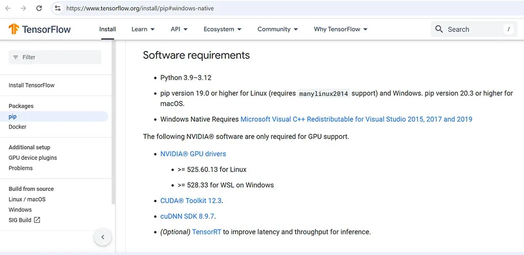 Tensorflow software requirements